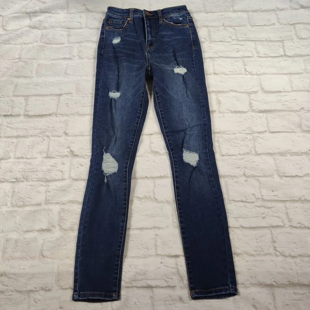 Forever 21 womens jeans high rise distressed rip skinny jeans blue denim sz 24 - Picture 1 of 7
